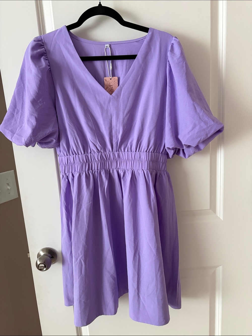 Womens Lavender V-Neck Puff Sleeve Casual Dress with Smocked Waist